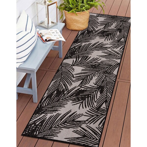 World Rug Gallery Contemporary Distressed Leaves Textured Flat Weave Indoor/Outdoor Area Rug 2' x 7' Black - 117BLACK2X7