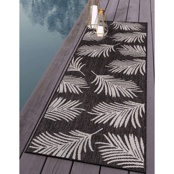 World Rug Gallery Contemporary Palm Leaves Textured Flat Weave Indoor/Outdoor Runner Rug 2'x7' Black - 111BLACK2X7