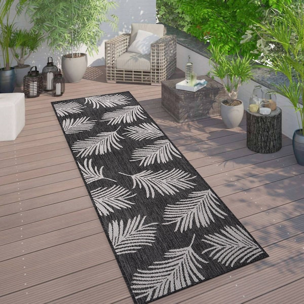 World Rug Gallery Contemporary Palm Leaves Textured Flat Weave Indoor/Outdoor Runner Rug 2'x7' Black - 111BLACK2X7