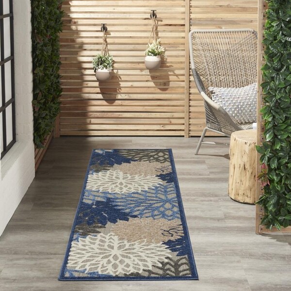 Homeroots 2 x 6 ft. Blue & Multi Color Large Floral Indoor & Outdoor Runner Rug - 384813
