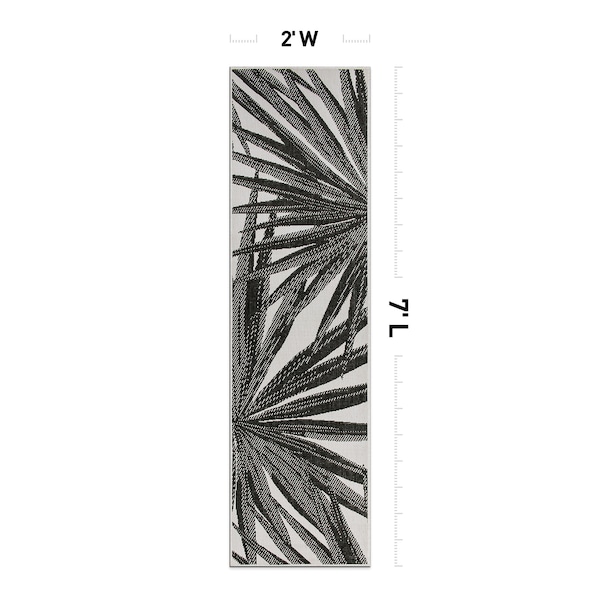 World Rug Gallery Tropical Leaves Nature Inspired Indoor/Outdoor Runner Rug 2' x 7' Black - 4030BLACK2X7