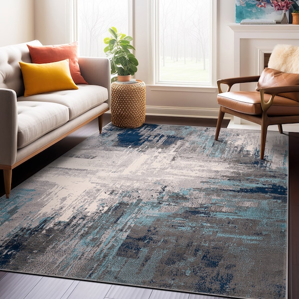 World Rug Gallery Bari Contemporary Abstract Art Area Rug 5' X 7' Blue - 4055BLUE5X7