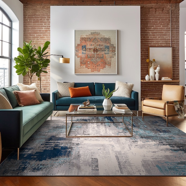 World Rug Gallery Bari Contemporary Abstract Art Area Rug 5' X 7' Blue - 4055BLUE5X7