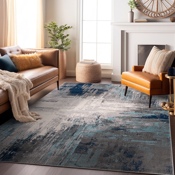 World Rug Gallery Bari Contemporary Abstract Art Area Rug 5' X 7' Blue - 4055BLUE5X7