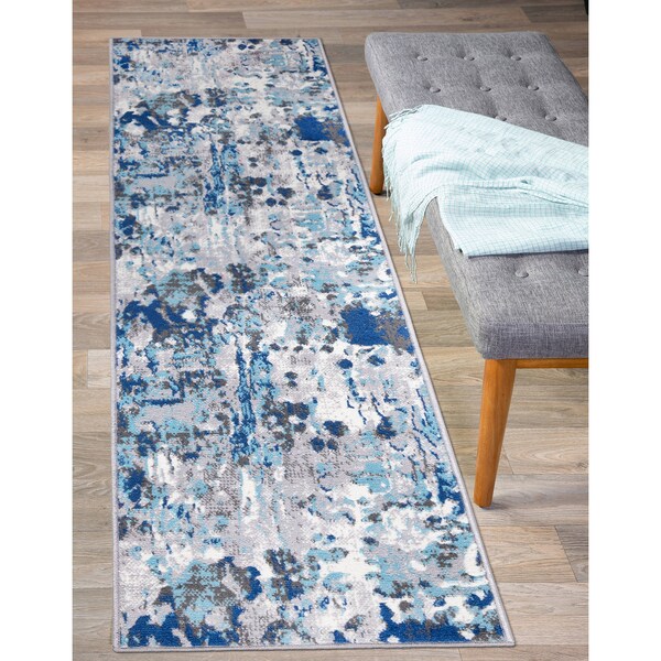 World Rug Gallery Distressed Abstract Blue/Gray/Ivory Runner Rug 2'x7' Runner - 2085BLUE2X7