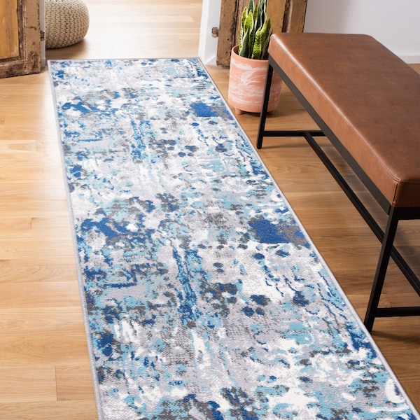 World Rug Gallery Distressed Abstract Blue/Gray/Ivory Runner Rug 2'x7' Runner - 2085BLUE2X7