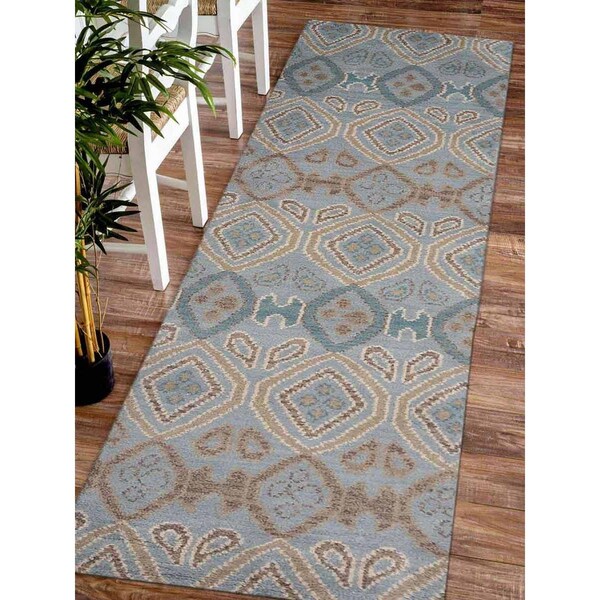 Jensendistributionservices 2 ft. 6 in. x 10 ft. Hand Knotted Wool Geometric Runner Rug, Light Blue - MI1557587