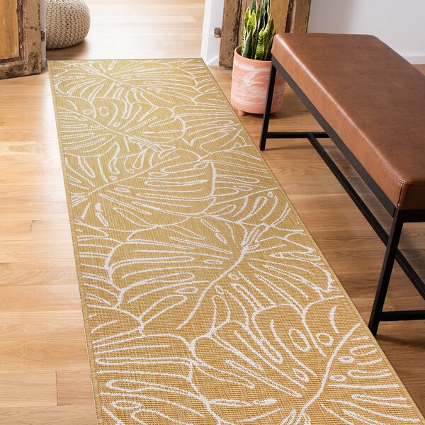 World Rug Gallery Contemporary Tropical Leaves Weather Resistant Indoor/Outdoor Runner Rug 2' x 7' Yellow - 4031YELLOW2X7