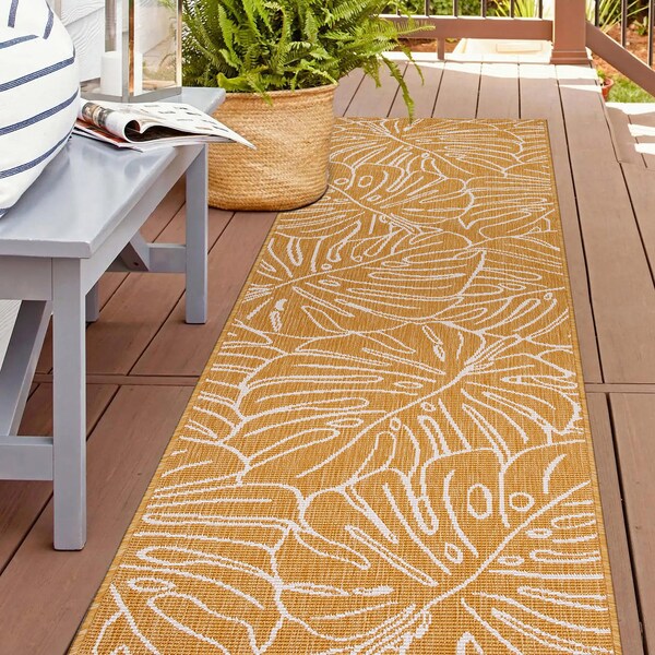 World Rug Gallery Contemporary Tropical Leaves Weather Resistant Indoor/Outdoor Runner Rug 2' x 7' Yellow - 4031YELLOW2X7
