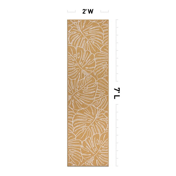 World Rug Gallery Contemporary Tropical Leaves Weather Resistant Indoor/Outdoor Runner Rug 2' x 7' Yellow - 4031YELLOW2X7