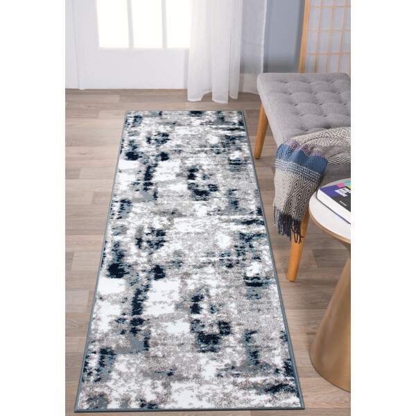 World Rug Gallery Contemporary Abstract Distressed Runner Rug 2' x 7' Blue - 915BLUE2X7