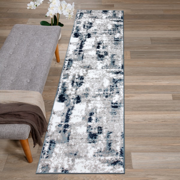 World Rug Gallery Contemporary Abstract Distressed Runner Rug 2' x 7' Blue - 915BLUE2X7