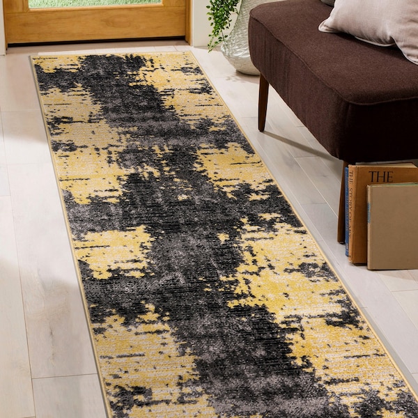 World Rug Gallery Abstract Design Distressed Non Shedding Soft Area Rug 2' x 7' Yellow - 392YELLOW2X7
