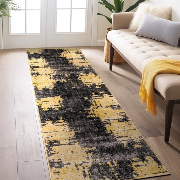 World Rug Gallery Abstract Design Distressed Non Shedding Soft Area Rug 2' x 7' Yellow - 392YELLOW2X7