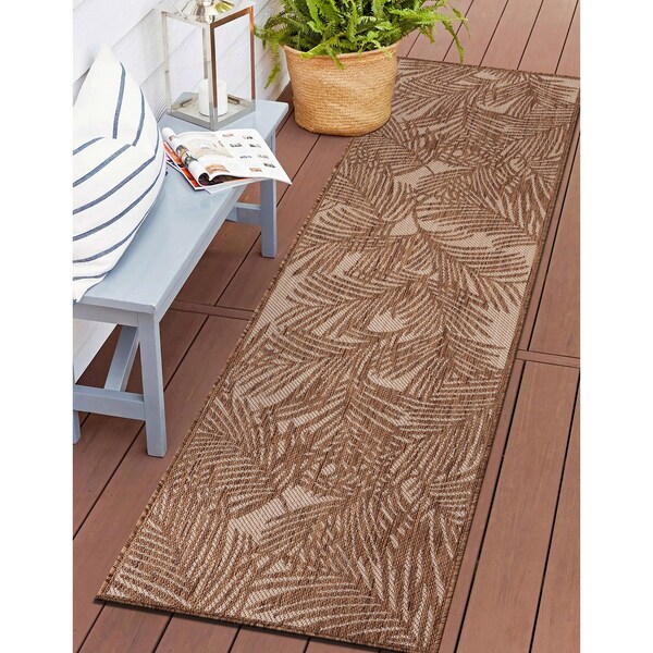 World Rug Gallery Contemporary Palm Leaf Textured Flat Weave Indoor/Outdoor Area Rug 2' x 7' Brown - 118BROWN2X7