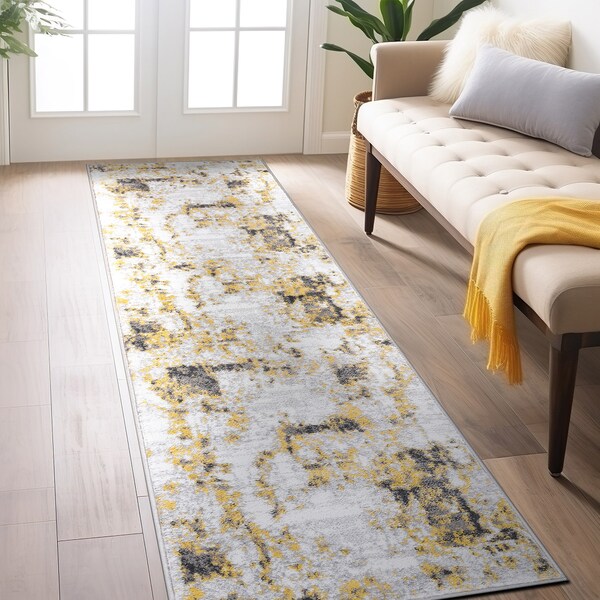 World Rug Gallery Contemporary Chic Abstract Design Runner Rug 2'x7' Yellow - 937YELLOW2X7