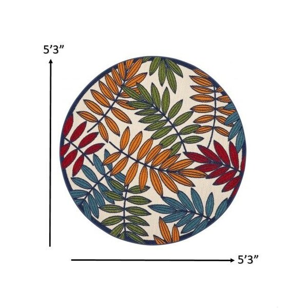Homeroots 5 ft. Round Multi Color Leaves Indoor & Outdoor Area Rug - 384944