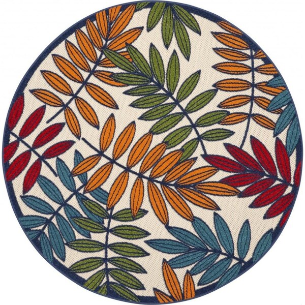 Homeroots 5 ft. Round Multi Color Leaves Indoor & Outdoor Area Rug - 384944