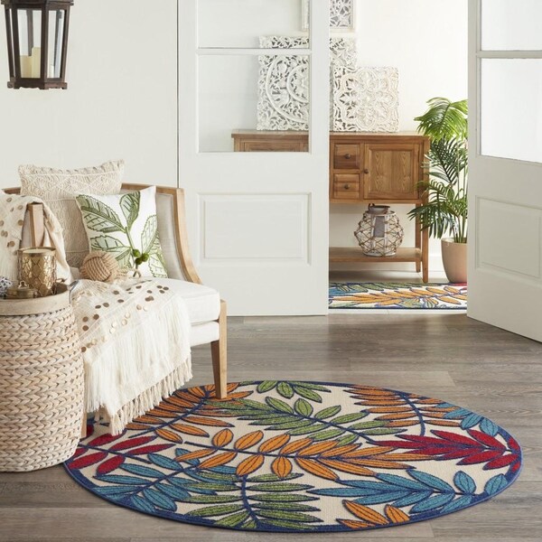 Homeroots 5 ft. Round Multi Color Leaves Indoor & Outdoor Area Rug - 384944