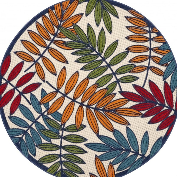 Homeroots 5 ft. Round Multi Color Leaves Indoor & Outdoor Area Rug - 384944