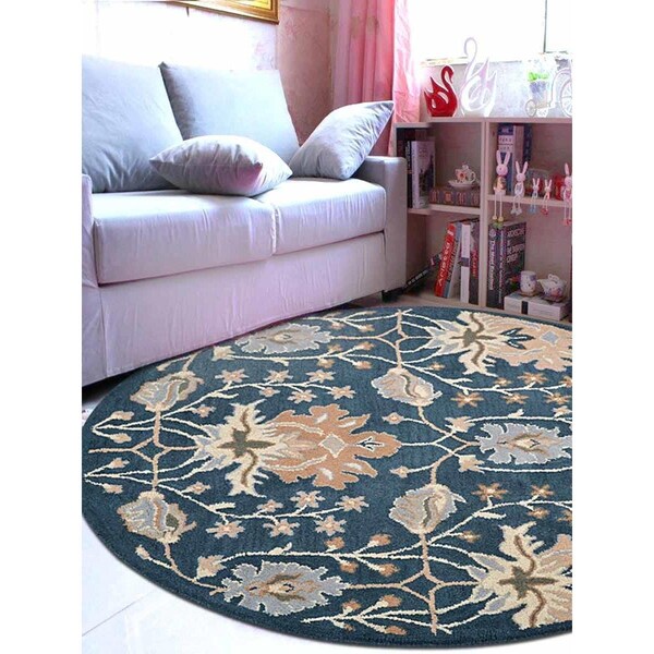 Jensendistributionservices 6 x 6 ft. Hand Tufted Wool Floral Round Area Rug, Blue - MI1552347