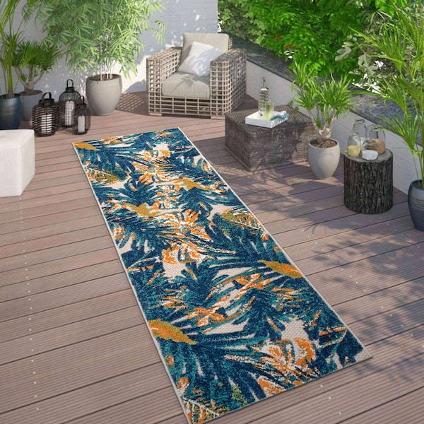 World Rug Gallery Tropical Leaves Indoor/Outdoor Runner Rug 2' x 7' Multi - 8012MULTI2X7