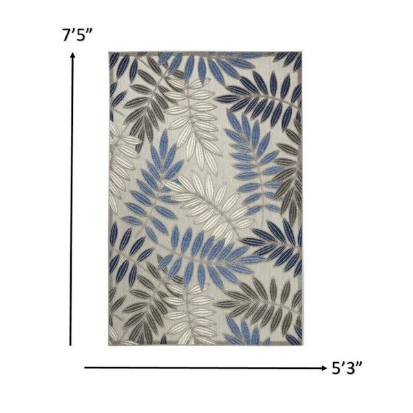 Homeroots 5 x 8 ft. Gray & Blue Leaves Indoor & Outdoor Area Rug - 384871