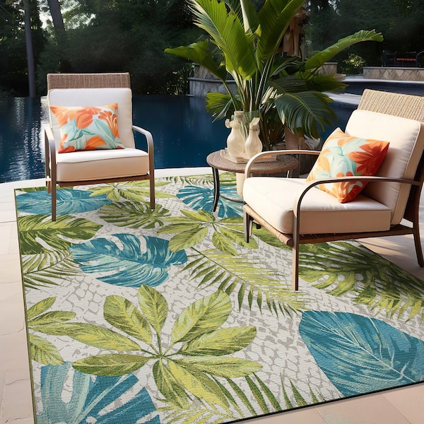 World Rug Gallery Contemporary Tropical Floral Indoor/Outdoor Area Rug 5'3'' x 7' Green - 433GREEN5X7