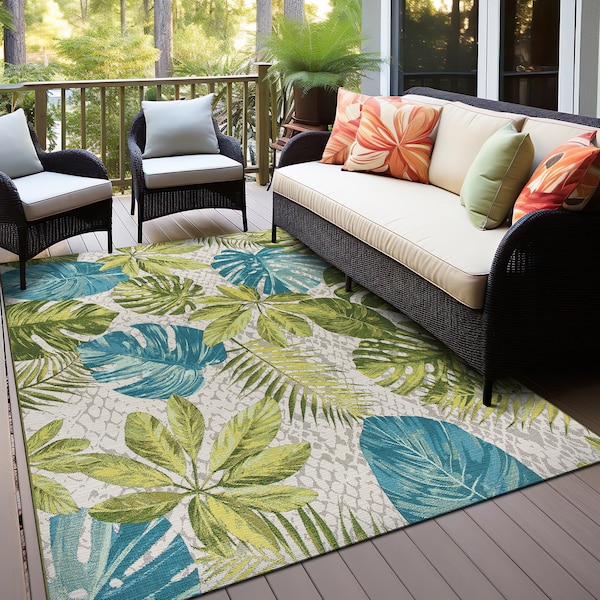 World Rug Gallery Contemporary Tropical Floral Indoor/Outdoor Area Rug 5'3'' x 7' Green - 433GREEN5X7