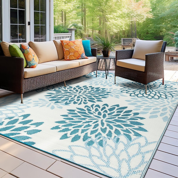 World Rug Gallery Modern Floral Aloha Reversible Recycled Plastic 5' X 7' Blue Outdoor Rug - 6069BLUE5X7