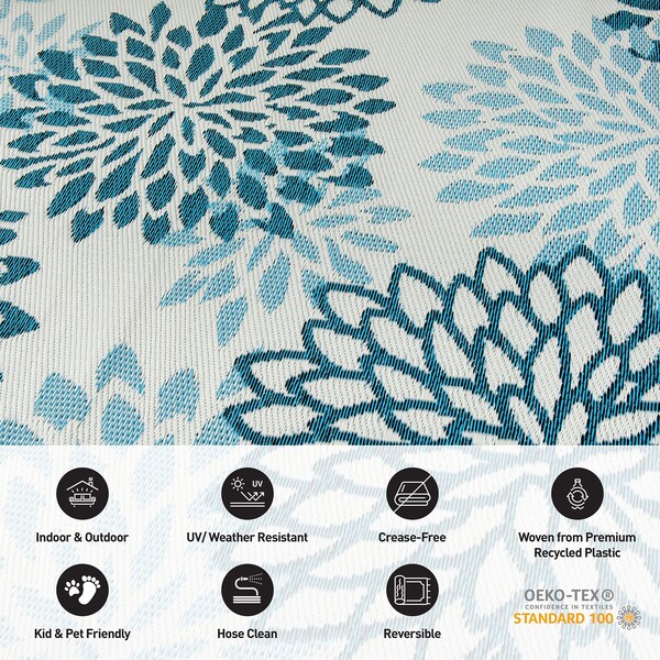 World Rug Gallery Modern Floral Aloha Reversible Recycled Plastic 5' X 7' Blue Outdoor Rug - 6069BLUE5X7