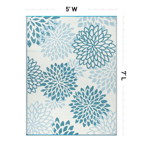 World Rug Gallery Modern Floral Aloha Reversible Recycled Plastic 5' X 7' Blue Outdoor Rug - 6069BLUE5X7