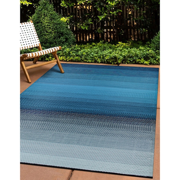 World Rug Gallery Contemporary Stripe Shade Reversible Recycled Plastic 5' X 7' Blue Outdoor Rug - 6074BLUE5X7