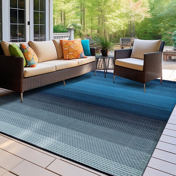 World Rug Gallery Contemporary Stripe Shade Reversible Recycled Plastic 5' X 7' Blue Outdoor Rug - 6074BLUE5X7