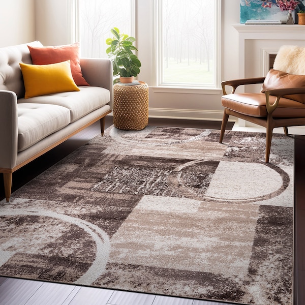 World Rug Gallery Contemporary Abstract Circle Design Soft Area Rug 5'3'' x 7'3'' Brown - 307BROWN5X8