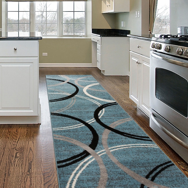 World Rug Gallery Modern Wavy Circles Design 2'x10' Blue - 377BLUE2X10
