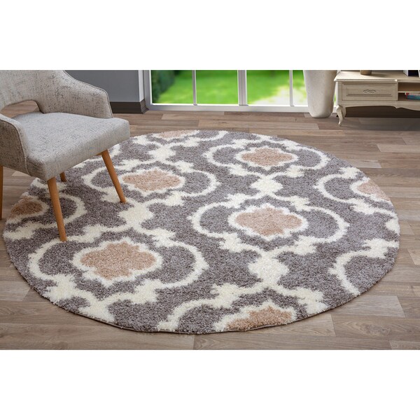 World Rug Gallery Cozy Moroccan Trellis Indoor Shag Area Rug 6'6'' Round Gray - 2525GRAY6RND