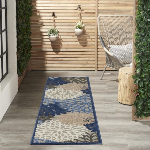 Homeroots 2 x 10 ft. Blue & Multi Color Large Floral Indoor & Outdoor Runner Rug - 384815