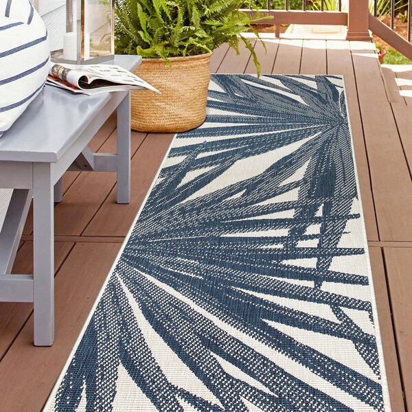 World Rug Gallery Tropical Leaves Nature Inspired Indoor/Outdoor Runner Rug 2' x 7' Blue - 4030BLUE2X7