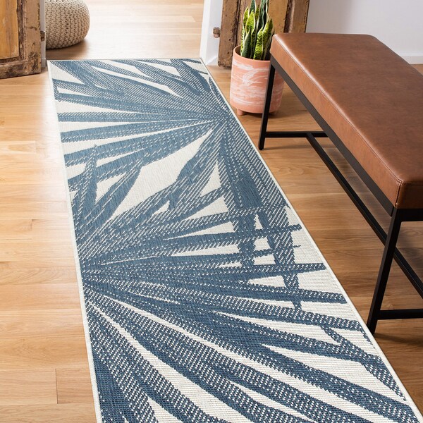 World Rug Gallery Tropical Leaves Nature Inspired Indoor/Outdoor Runner Rug 2' x 7' Blue - 4030BLUE2X7