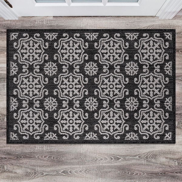 World Rug Gallery Transitional Geometric Textured Flat Weave Indoor/Outdoor Area Rug 2' x 3' Black - 119BLACK2X3