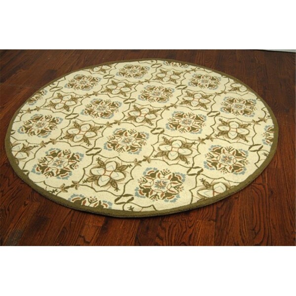 Flowers First 5 ft. 6 in. x 5 ft. 6 in. Round Transitional Chelsea Ivory & Green Hand Hooked Rug - FL1881743