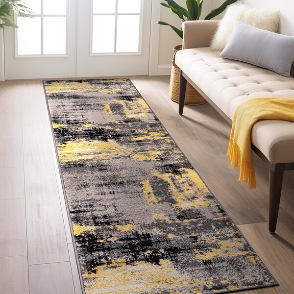 World Rug Gallery Modern Abstract Design Non Shedding Soft Area Rug 2' x 7' Yellow - 402YELLOW2X7