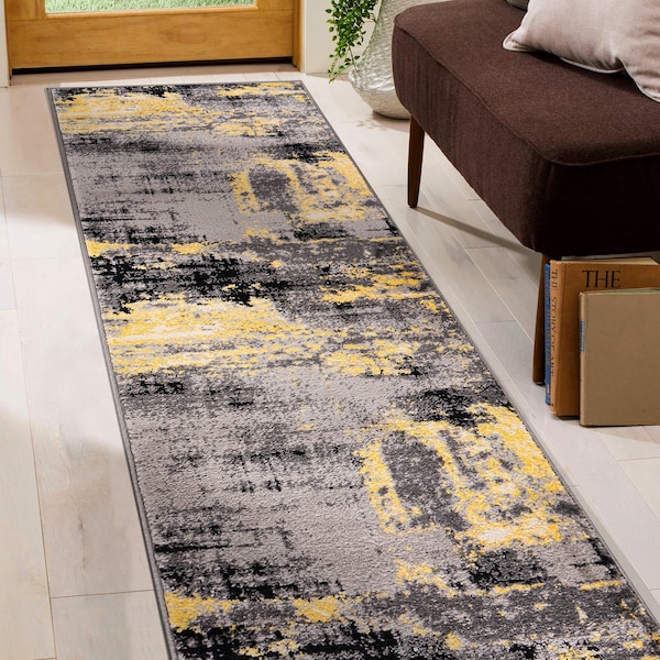 World Rug Gallery Modern Abstract Design Non Shedding Soft Area Rug 2' x 7' Yellow - 402YELLOW2X7