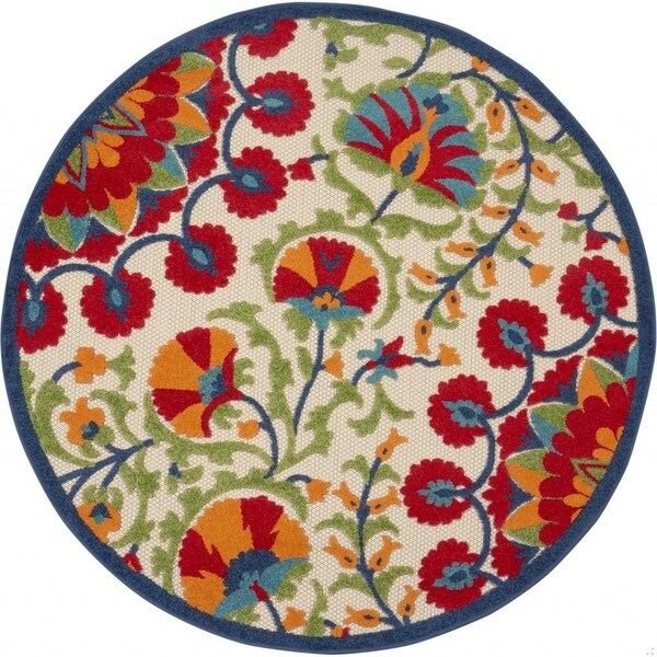 Homeroots 4 ft. Round Red & Multi Color Indoor & Outdoor Area Rug - 384998