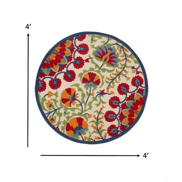 Homeroots 4 ft. Round Red & Multi Color Indoor & Outdoor Area Rug - 384998