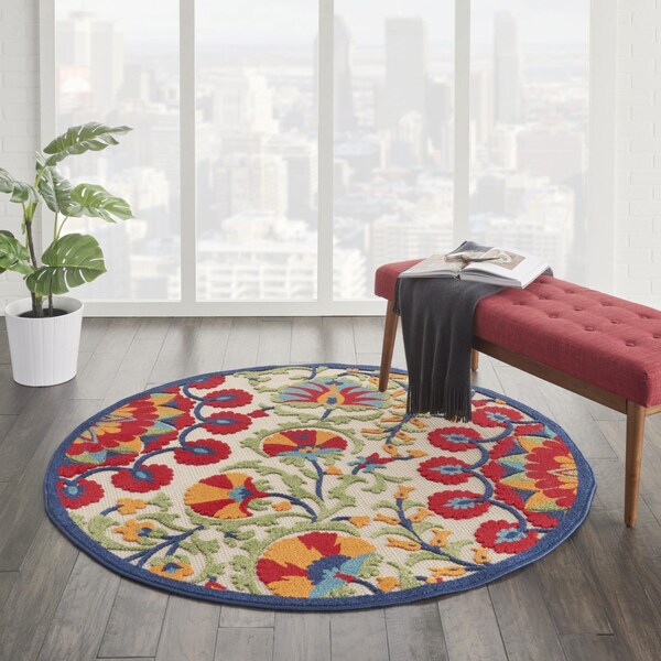 Homeroots 4 ft. Round Red & Multi Color Indoor & Outdoor Area Rug - 384998