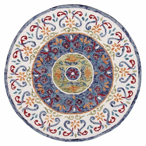 Homeroots 4 ft. Round Blue & White Ornate Medallion Area Rug - 396206