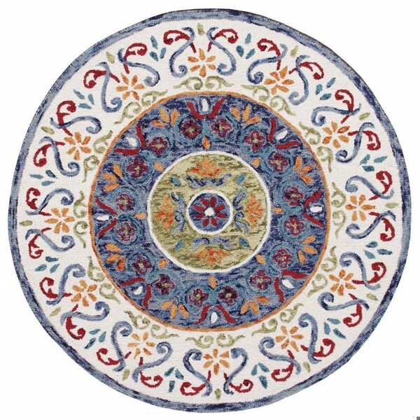Homeroots 4 ft. Round Blue & White Ornate Medallion Area Rug - 396206
