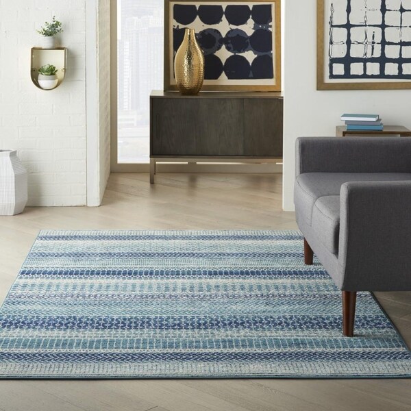 Homeroots 4 x 6 ft. Navy Blue Ornate Stripes Area Rug - 385597